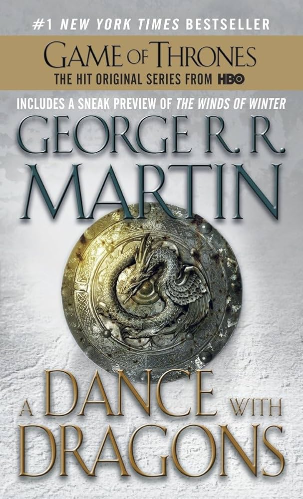 The cover of Game of Thrones Book 5, depicting a shield with a dragon embossed on it