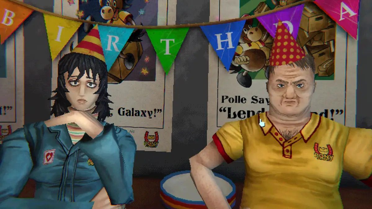 An image featuring some of the characters from Mouthwashing at a birthday party