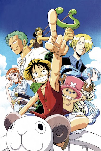 A promotional image for One Piece, depicting the main characters