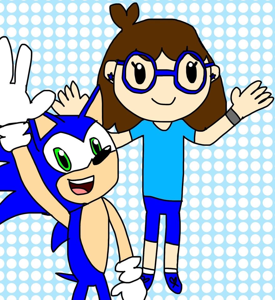 a drawing of a cartoon-style woman with a drawing of Sonic the Hedgehog next to her, all in a patterned background.